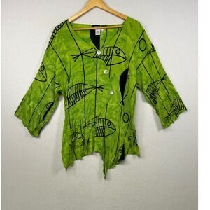 IVY GREED Women's Green Fish Print Pleated V-Neck 3/4 Sleeve Top XL